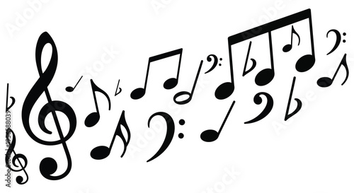 A collection of musical notes clefs and symbols floats across a white background presented as a silhouette high quality professional detailed