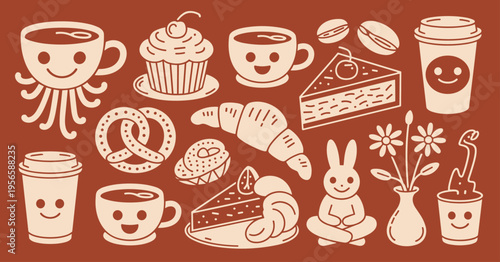 Cute coffee and pastry doodles with smiling faces cake