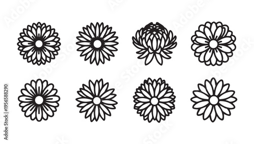 Collection of Line Art Flower Icons Floral Design Elements Isolated on White