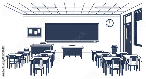 A simplified classroom scene depicts desks a chalkboard and a clock presented in a striking blue silhouette high quality professional detailed