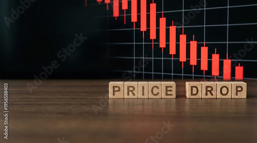 Wallpaper Mural Price drop concept with wooden blocks on table and red candlestick chart showing downward trend indicating financial loss or market decline Torontodigital.ca