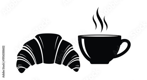 A black silhouette depicts a freshly baked croissant and a steaming cup of coffee creating a classic breakfast scene silhouette