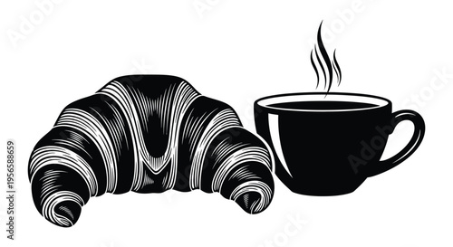 A detailed black and white illustration depicts a croissant and steaming coffee cup presented as a striking silhouette high quality professional