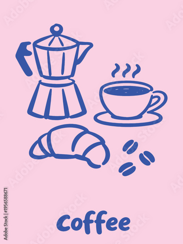 Coffee breakfast doodle set vector illustration