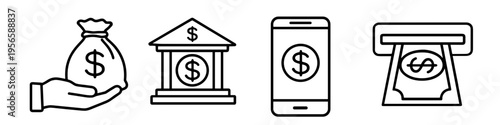 Set of outline finance icons with money bag in hand, bank building, mobile payment and cash transfer phone. Clean vector symbols for banking, fintech and payment services.