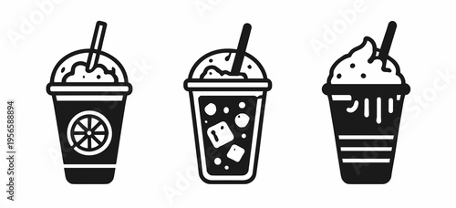 Black and white vector set of takeaway drinks including citrus cup, sweet soda, and striped dessert beverage. Fresh cafe icon pack for menus, logos, and delivery apps.