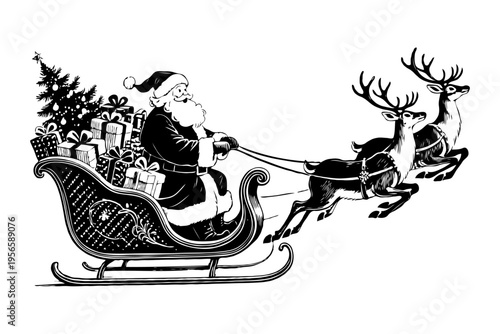 Santa Claus in sleigh full of presents and tree, pulled by reindeer, black ink drawing on white background, concept of festive Christmas joy