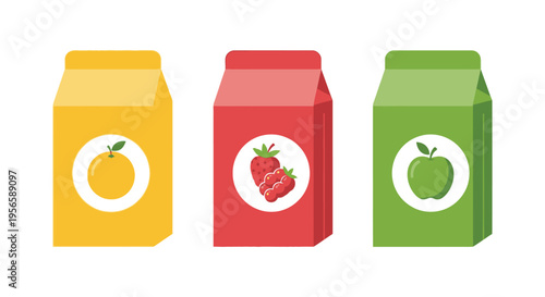 Three colorful juice boxes featuring orange strawberry and apple fruit designs presented as a flat silhouette high quality professional detailed modern