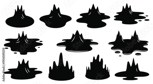A collection of black abstract blob shapes resembling spilled liquid presented in a striking silhouette high quality professional detailed modern elegant