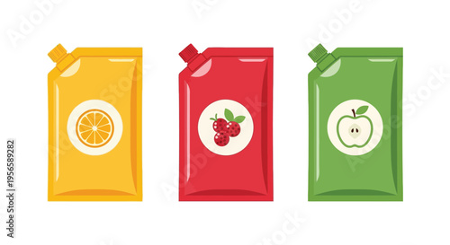 Three colorful juice pouches featuring orange strawberry and apple flavors are displayed in a clean illustrative style silhouette high quality professional