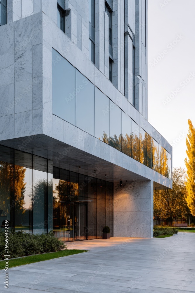 Fototapeta premium Modern corporate marble and glass building entrance with reflective windows evening light and landscaped plaza