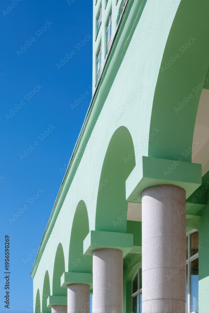 Obraz premium Mint green classical building facade with arched colonnade and stone columns under clear blue sky, vertical perspective emphasizing repeating arches and minimalist architectural details