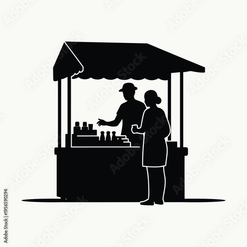Stylized vector illustration depicting a vendor serving a customer at a marketplace kiosk