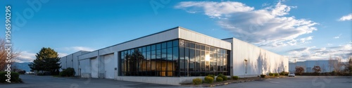 Contemporary warehouse building with corner glass curtain wall reflective windows white metal siding landscaped perimeter clear sky afternoon light