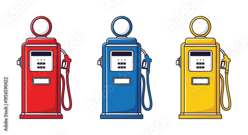 Three vintage gas pumps in red blue and yellow stand side by side showcasing classic automotive service silhouette high quality professional detailed modern