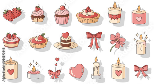 Valentines Day desserts and candles in cute cartoon style with soft pastel colors on white background for greeting card