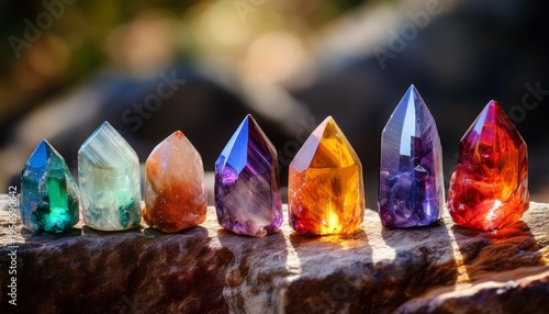 A Colorful Row Of Vibrant Natural Mineral Crystals And Gemstones Displayed On A Textured Rocky Surface With Blurred Background