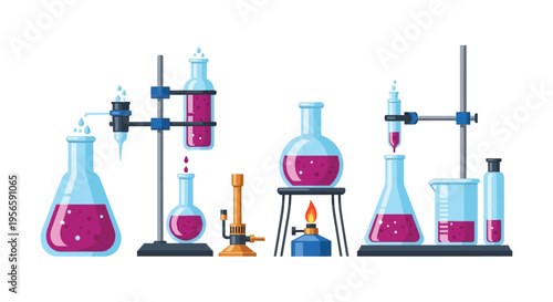 A colorful illustration depicts various laboratory glassware and equipment in a flat illustrative silhouette high quality professional detailed modern elegant stylish