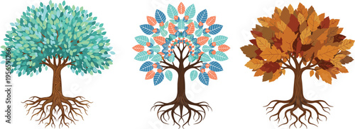 Set of detailed tree of life vectors with intricate root systems and lush foliage in summer spring and autumn fall seasonal colors.