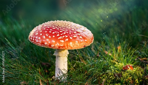 Fly Agaric Mushroom On Green Grass Background