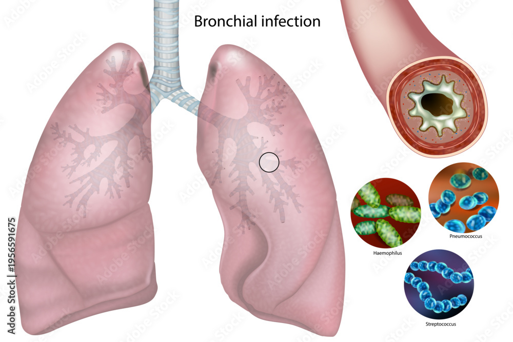 Bronke Plakat, Poster Detailed medical illustration of bacterial bronchitis ...