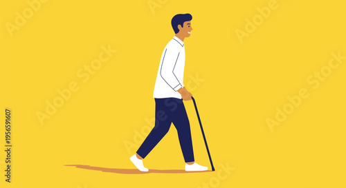 Smiling man walking with a cane