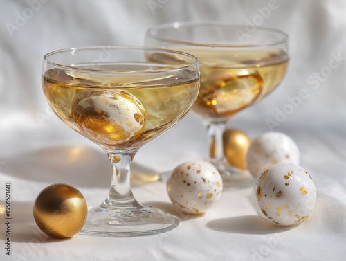 Decorative Eggs Float in Glasses Filled With a Light Drink on a Soft Background