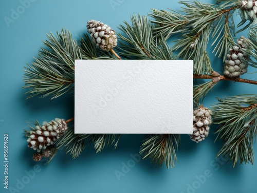 Blank Card Placed on Pine Branches With Pine Cones Against a Blue Background ...