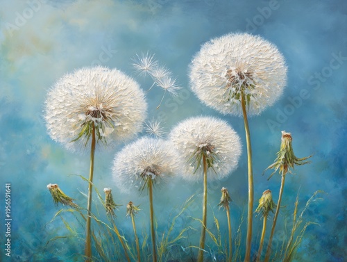 Dandelions in a Field With a Blue Sky and Gentle Breeze During a Sunny Day