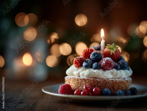 Birthday Cake With Berries and Candle on a Table With Blurred Lights in the B...