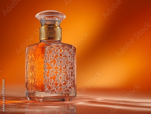 Elegant Glass Perfume Bottle on Surface With Warm Orange Background Lighting ...