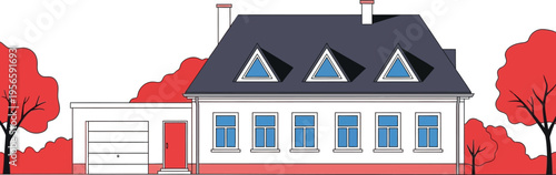 Pink house with dark roof and red trees