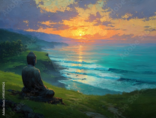 Buddha Figure Sits by the Sea Watching Sunset at a Coastal Location in Warm C...
