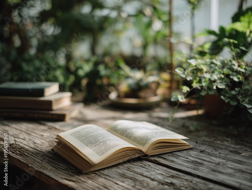 Open Book on a Wooden Table Surrounded by Plants in a Bright Room During Dayl...