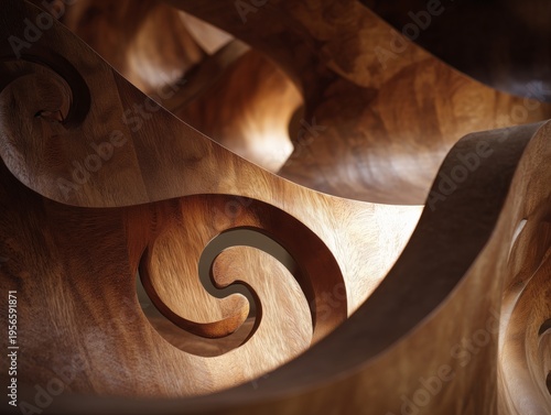 Wooden Carving With Intricate Patterns Displayed Under Soft Light in a Dim Se...