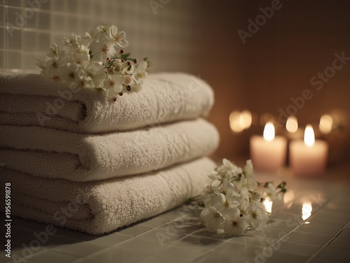 Relaxation With Towels, Flowers, and Candles in a Wellness Space During Eveni...
