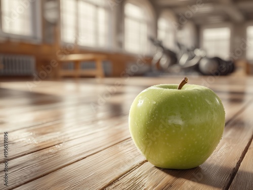 Fresh Green Apple Rests on Wooden Floor in Spacious Gym During Daylight Hours