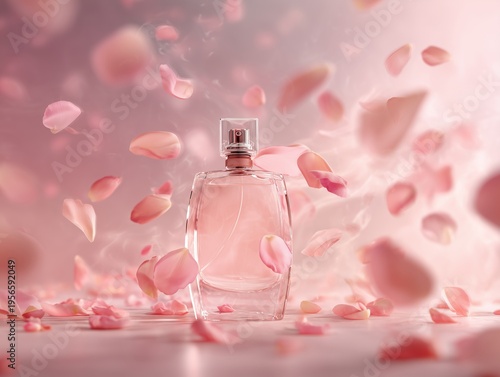 Bottle of Perfume With Pink Petals Scattered Around in a Soft Light Setting