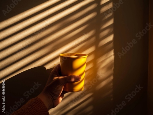 Hand Holds a Yellow Cup in Sunlight With Shadows on the Wall in the Afternoon