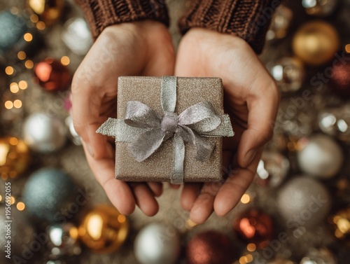 Hands Hold a Small Gift Box With a Ribbon Near Colorful Ornaments During the ...