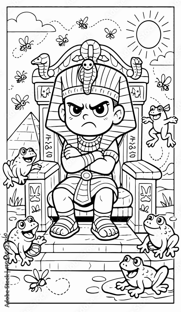 Obraz premium Passover coloring page for kids – angry Pharaoh during the plagues, cartoon style, black-and-white line art, fun and friendly, educational illustration for children, A4 portrait