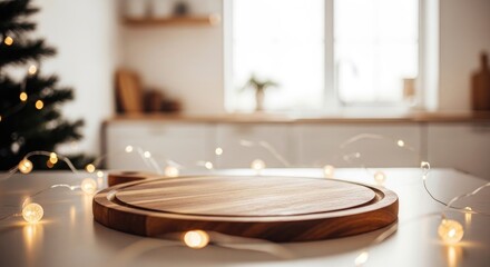 Cozy indoor scene with christmas tree and fairy lights on wooden tray background