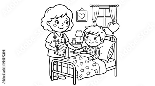 Sick child in hospital bed receiving care.