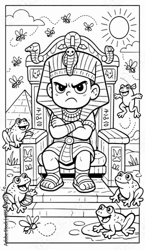 Passover coloring page for kids – angry Pharaoh during the plagues, cartoon style, black-and-white line art, fun and friendly, educational illustration for children, A4 portrait