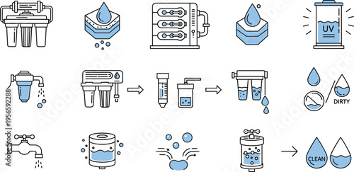 Blue and Black Water Purification Icon Set featuring Reverse Osmosis Systems, UV Sterilization Lamps, Multi-stage Filter Cartridges, Clean and Dirty Liquid Indicators, and Household Faucets