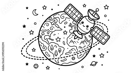 Smiling cartoon satellite in space.