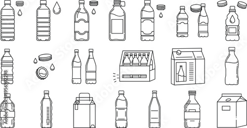Comprehensive Beverage Packaging Vector Icon Set Featuring Plastic Water Bottles, Glass Containers, Bottle Caps, Liquid Droplets, Cardboard Cartons, and Multipack Carriers for Commercial Branding