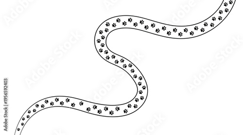 Winding path adorned with paw prints leading through a serene landscape, evoking a sense of adventure