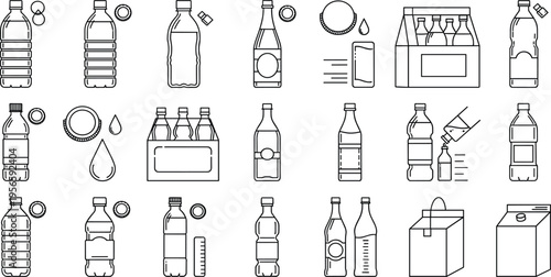 Industrial Beverage Manufacturing and Wholesale Distribution Icon Set Featuring Bulk Carrier Crates, Liquid Measurement, Plastic Bottles, and Sustainable Packaging Vector Illustrations.