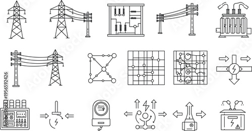Industrial Electrical Infrastructure and Power Grid Icon Set featuring High Voltage Towers, Transformers, Transmission Lines, Electricity Meters, and Power Distribution Control Panels